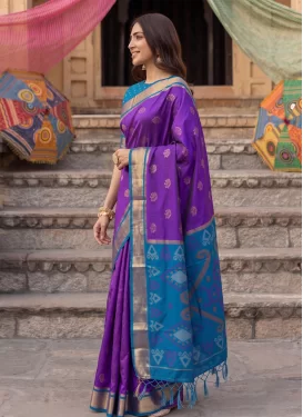 Silk Blend Classic Saree in Blue and Purple with Woven Work for Women