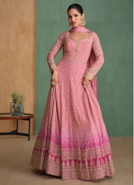 Embroidered Work Georgette Designer Gown in Rose Pink and Salmon for Festival