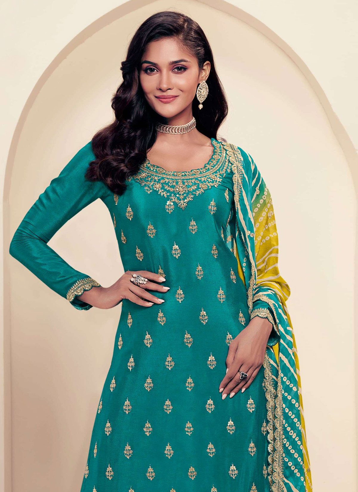 Fancy Chine Sequence Work Teal Blue Color Palazzo Suit