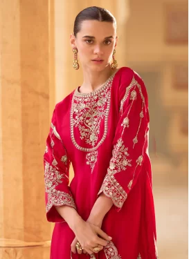 Embroidered Work Silk Readymade Salwar Suit in Red for Women