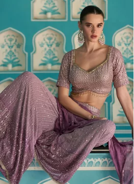 Embroidered Work Georgette Palazzo Suit in Violet for Women