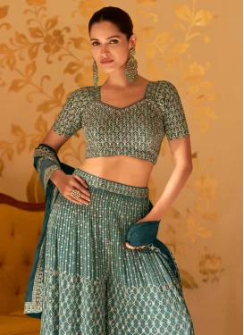 Green Georgette Palazzo Suit with Embroidered Work for Festival