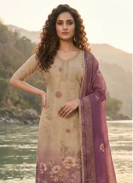 Cotton Silk Straight Suit in Beige and Violet with Cutdana Work for Ceremonial
