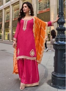 Embroidered Work Jacquard Silk Palazzo Suit in Rose Pink for Women