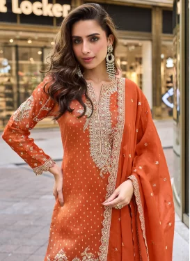 Jacquard Silk Palazzo Suit with Embroidered Work for Party in Orange