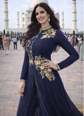Embroidered Work Georgette Readymade Salwar Suit in Navy Blue for Women