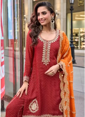 Jacquard Silk Palazzo Suit in Red with Embroidered Work for Women