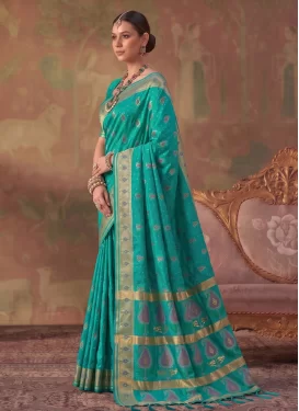 Woven Work Silk Blend Traditional Saree in Aqua Blue for Women
