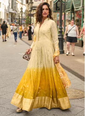 Shimmer Designer Gown in Cream and Mustard with Embroidered Work for Women