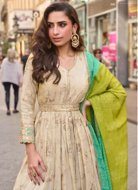 Embroidered Work Shimmer Designer Gown in Beige for Women