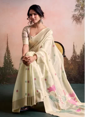 Woven Work Linen Trendy Saree in Off White for Women