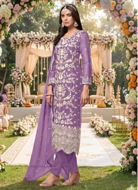 Embroidered Work Fancy Fabric Straight Suit in Violet for Festival