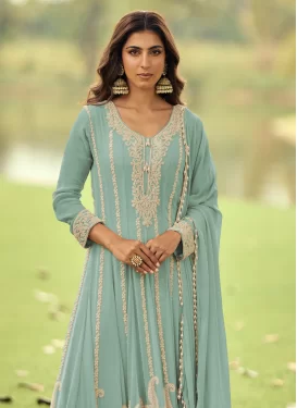 Georgette Readymade Salwar Suit in Aqua Blue with Cutdana Work for Women