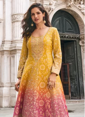 Georgette Palazzo Suit with Embroidered Work in Rose Pink and Yellow