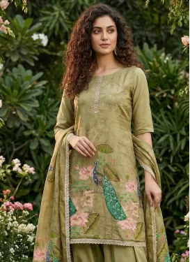 Cutdana Work Cotton Silk Punjabi Salwar Suit in Olive for Women