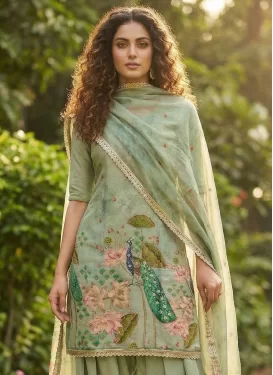 Cutdana Work Cotton Silk Punjabi Salwar Suit in Sea Green for Ceremonial