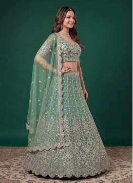 Net Embroidered Work Designer Lehenga Choli in Sea Green