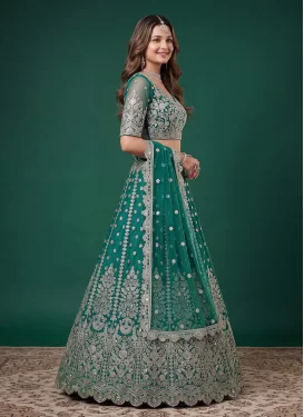 Net Trendy Lehenga Choli with Embroidered Work in Teal
