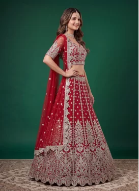 Net Trendy Lehenga Choli in Red with Embroidered Work for Women