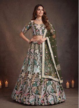 Olive Net Trendy Lehenga Choli with Embroidered Work for Bridal