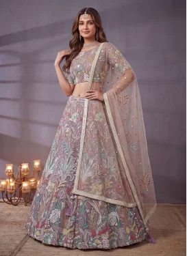 Net Trendy Lehenga Choli with Embroidered Work for Women in Lavender