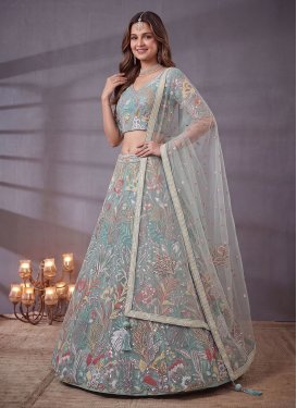 Net Embroidered Work Trendy Lehenga Choli in Turquoise