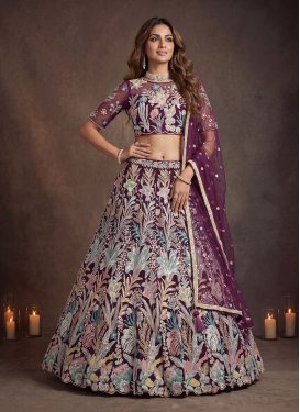 Purple Net Trendy Lehenga Choli with Embroidered Work for Bridal