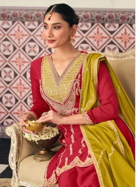 Chinon Palazzo Suit with Embroidered Work for Women in Rose Pink