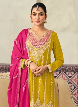 Embroidered Work Chinon Palazzo Suit in Mustard for Women