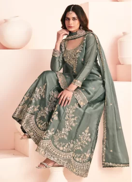 Embroidered Work Silk Palazzo Suit in Sea Green for Women