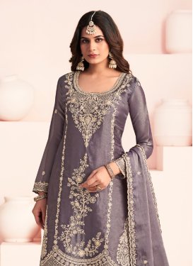 Silk Embroidered Work Palazzo Suit in Violet