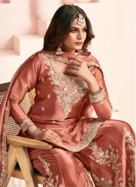 Silk Palazzo Suit with Embroidered Work for Women in Orange