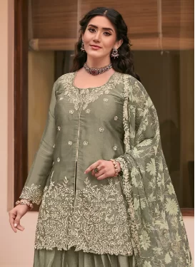 Silk Embroidered Work Palazzo Suit in Olive