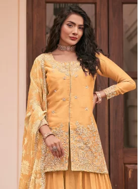 Embroidered Work Palazzo Suit For Festival in Gold