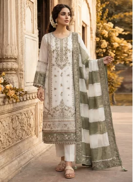 Off White and Olive Organza Embroidered Work Pakistani Suit for Women