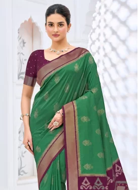 Woven Work Art Silk Trendy Saree in Green and Purple for Festival