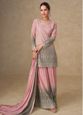 Georgette Palazzo Suit with Embroidered Work in Grey and Pink