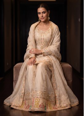 Chinon Palazzo Suit with Embroidered Work for Festival in Beige
