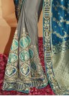 Blue and Grey Embroidered Work Half N Half Designer Saree - 2
