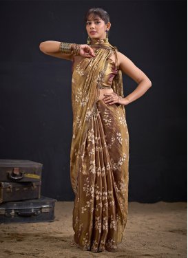 Fendi Silk Classic Saree with Foil Print Work for Ceremonial in Brown