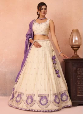Embroidered Work Jacquard Silk Trendy Lehenga Choli in Cream for Women