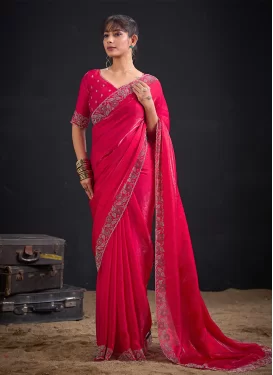 Fendi Silk Trendy Saree in Rose Pink with Swarovski Work for Women