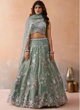 Embroidered Work Tissue Trendy Lehenga Choli in Sea Green for Women