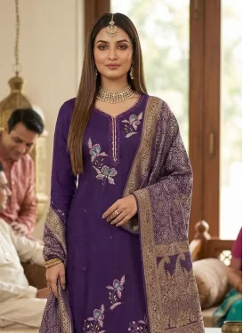 Georgette Straight Suit with Embroidered Work for Women in Purple