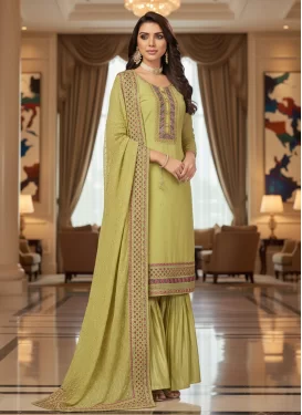 Georgette Sharara Suit with Embroidered Work for Ceremonial in Yellow
