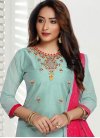 Aqua Blue and Red Chanderi Silk Readymade Salwar Kameez - 1
