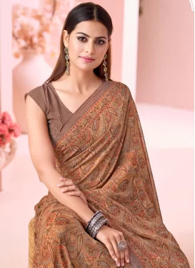 Digital Print Work Georgette Traditional Saree in Brown for Women