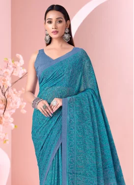 Georgette Trendy Saree with Digital Print Work in Light Blue for Casual