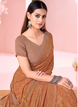 Brown and Orange Georgette Trendy Saree with Digital Print Work for Casual