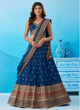 Chinon Trendy Lehenga Choli in Blue with Embroidered Work for Festival